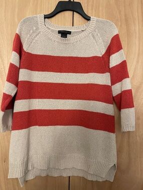 Preswick & Moore Coral and Cream Striped Crewneck Sweater